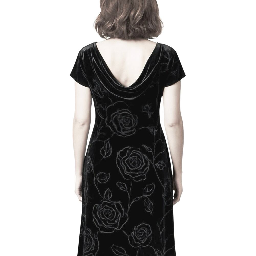 VTG Black Velvet Burnout Floral Lined Dress 10P Flutter Sleeve Draped Cowl Back